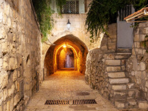 Illuminated,Ancient,Narrow,Alley,In,The,Old,City,Of,Jerusalem.israel